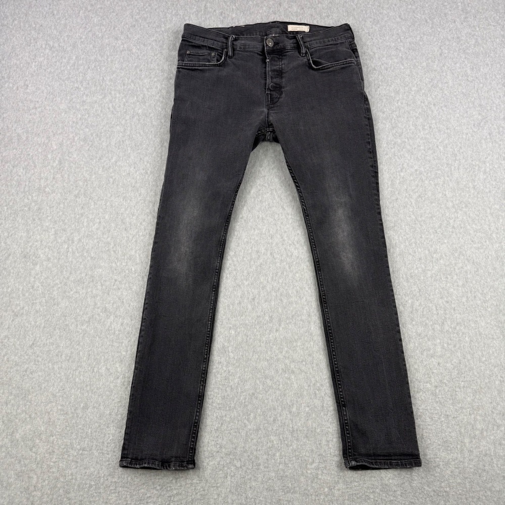 Allsaints Jeans Mens 34x30 Black Cigarette Skinny Button Fly Stretch Denim